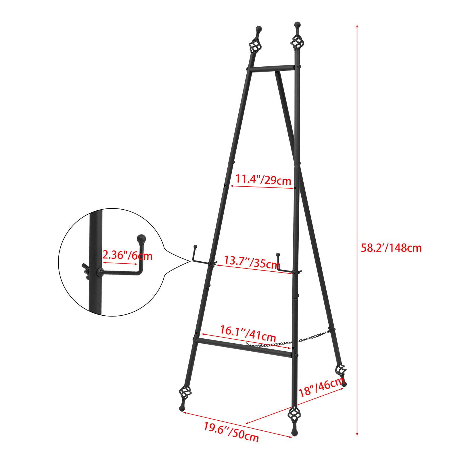 Metall-Staffelei mit Kettenstütze für Spiegel, Eisen-Bodenstaffeleien für Display, Hochzeitsschild, 147 cm, verstellbare Kunst- und Bastelstaffeleien (schwarz)