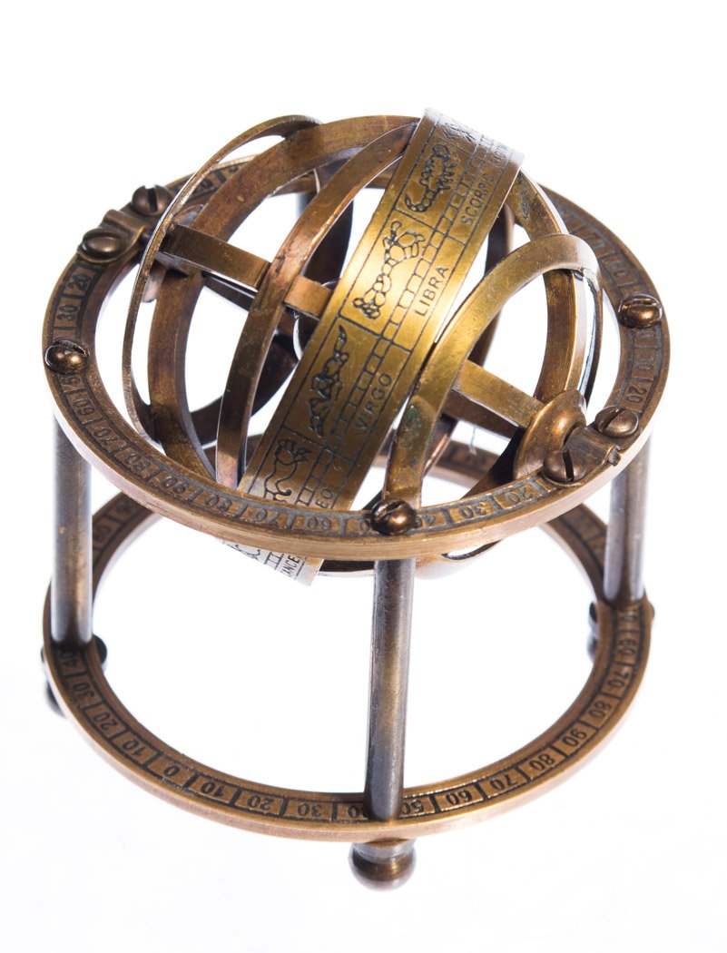 Armilläre kula z mosiądzu astronomiczna 9 cm Vintage pirat kula steampunkowa