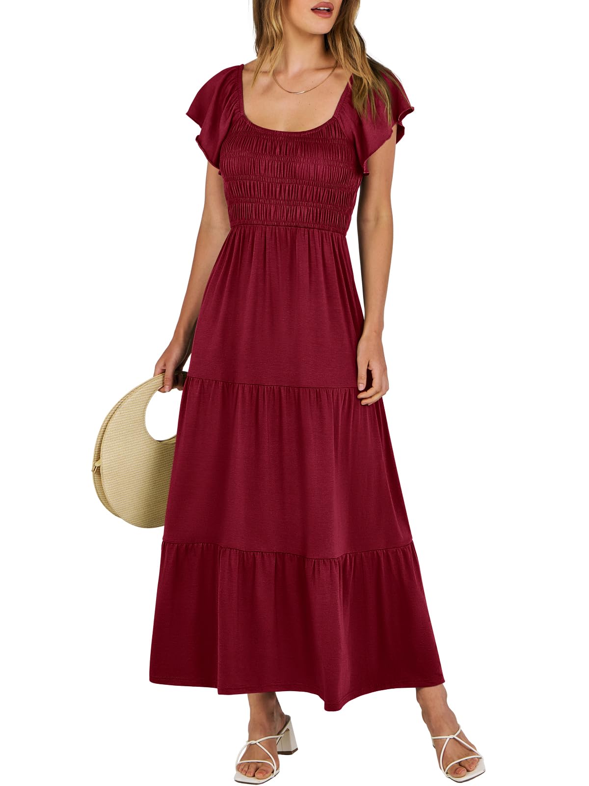 ANRABESS Women’s Casual Summer Maxi Dress Flutter Short Sleeve Scoop Neck Smocked A Line Flowy Beach Vacation Long Dresses