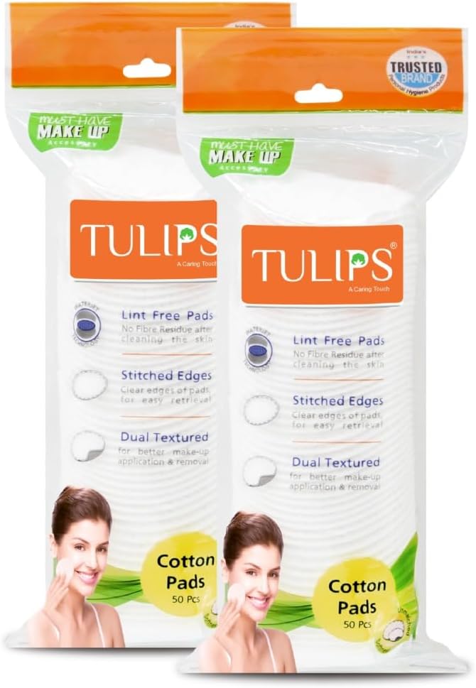 Tulips 50 Round Facial Cotton Pads in a Ziplock Bag (Pack of 2); Made from 100% Pure Soft Cotton, Best for Applying & Removing Makeup, safe for sensitive Skin