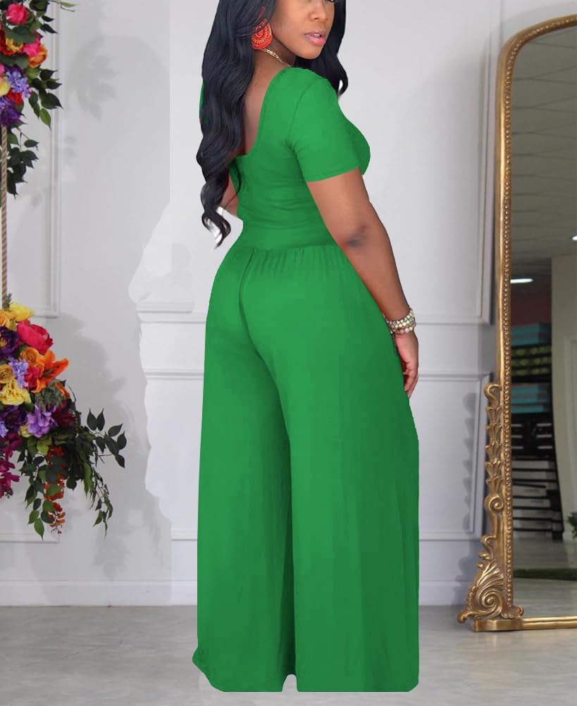 HBQ Two Piece Outfits For Women Casual Sweat Suits Backless Short Sleeve Crop Tops Wide Leg Pants Lounge Sets Tracksuit-Green-M - Image 3