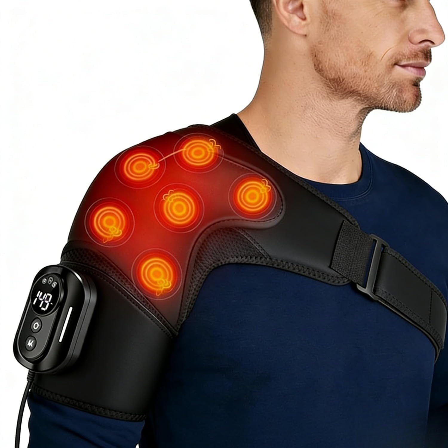 Hewelth Masseur D'épaule Triple Method, Doté De Fonctions De Thermothérapie, De Massage Et De Compression Par Coussins Gonflables (Noir,Télécommande)