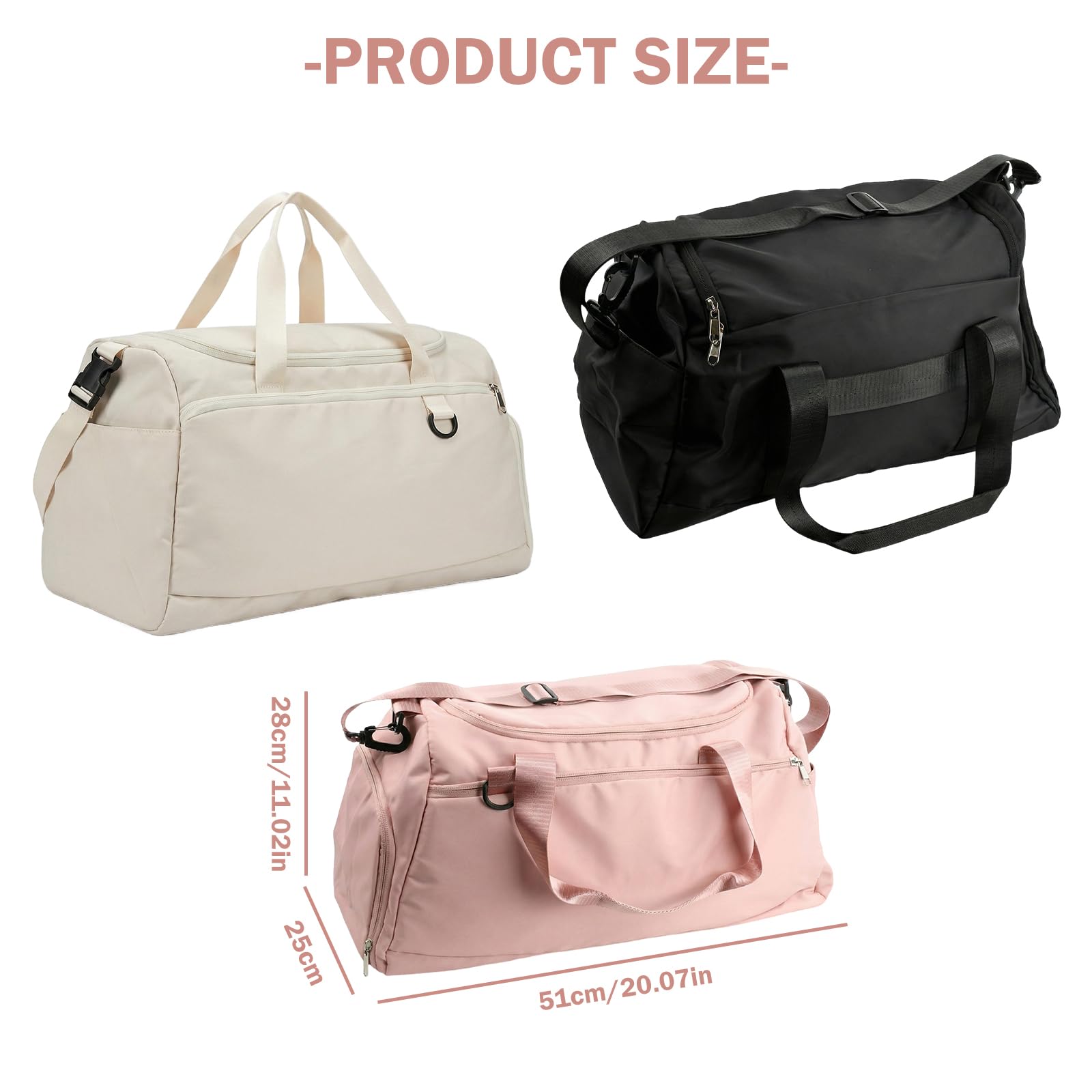Sac de Sport Imperméable 36-55L 51x28x25cm avec Compartiments Chaussures et Poche Humide Duffel Gym Bag Rose