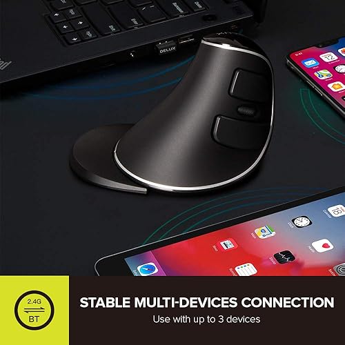 Miniatura 6 de DeLUX Mouse ergonómico inalámbrico con 4000 DPI, mouse vertical con receptor USB y BT1 + BT2, 6 botones y reposamanos extraíble para computadora