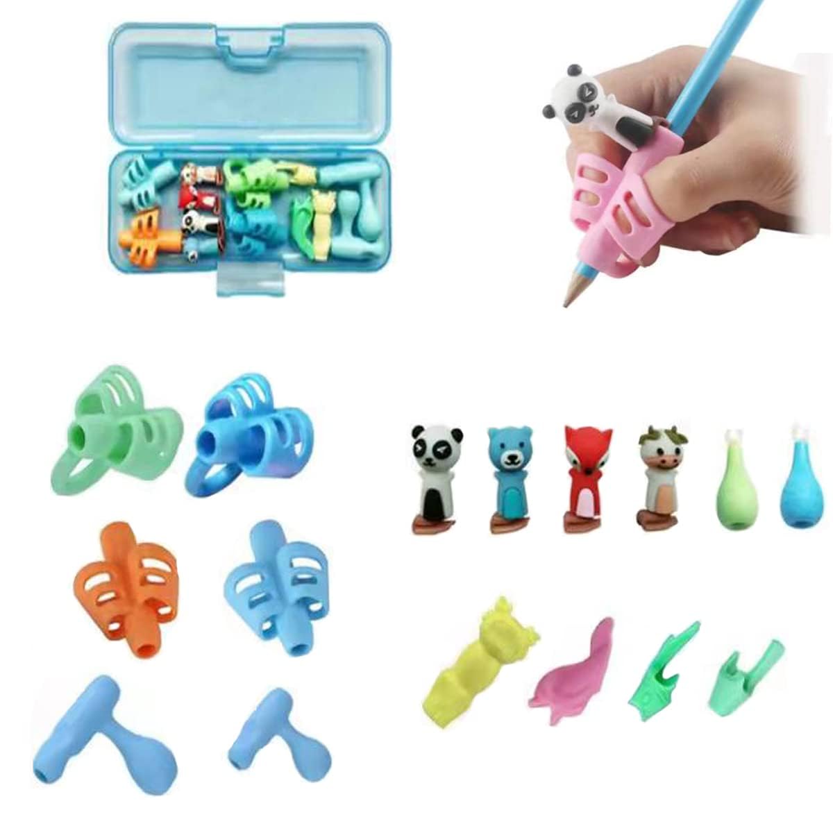 TSKDKIT Agarres para lápices para niños, 16 piezas, soporte para lápices para niños, cómodo soporte de silicona para escritura a mano, juego de empuñaduras de lápiz de entrenamiento para niños en edad