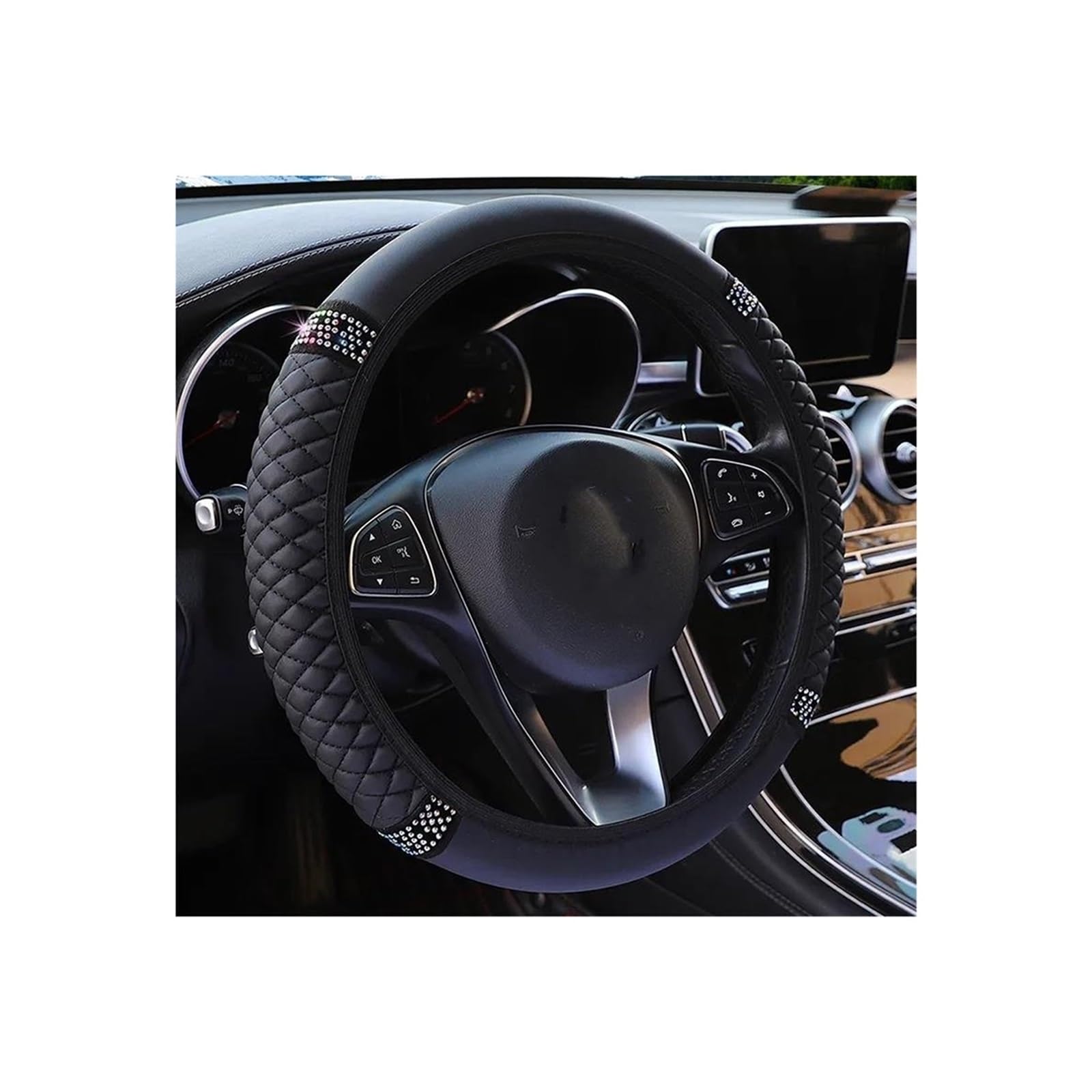 Funda Volante Coche Universal 37-38cm Cuero Bordado Color Diamante Tachonado Elástico Cubierta del Volante Universal Protector para Volante De Coche Fundas para Volante (Color : Negro)