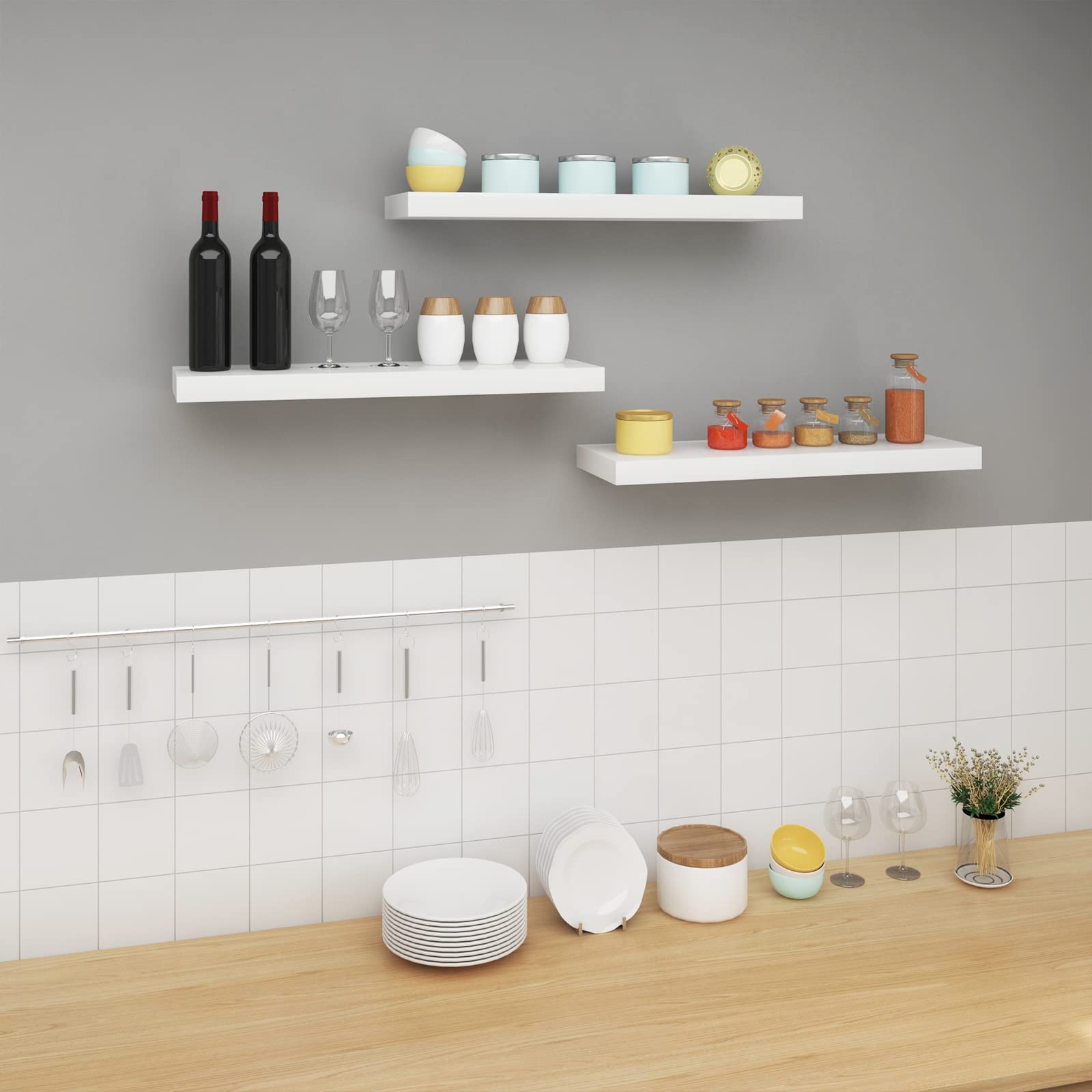 WOLTU Mensola da Muro, Set di 3, Scaffale Sospeso da Parete Libreria Piccola per Soggiorno Cameretta Porta CD DVD, Pannello MDF 90x22,9x3,8cm, Bianco, RG9481ws-3