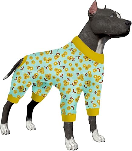 LovinPet Pitbull - Pijama para perros grandes, alivio de la ansiedad de mascotas, protección solar, tela elástica cómoda, estampado de flores de