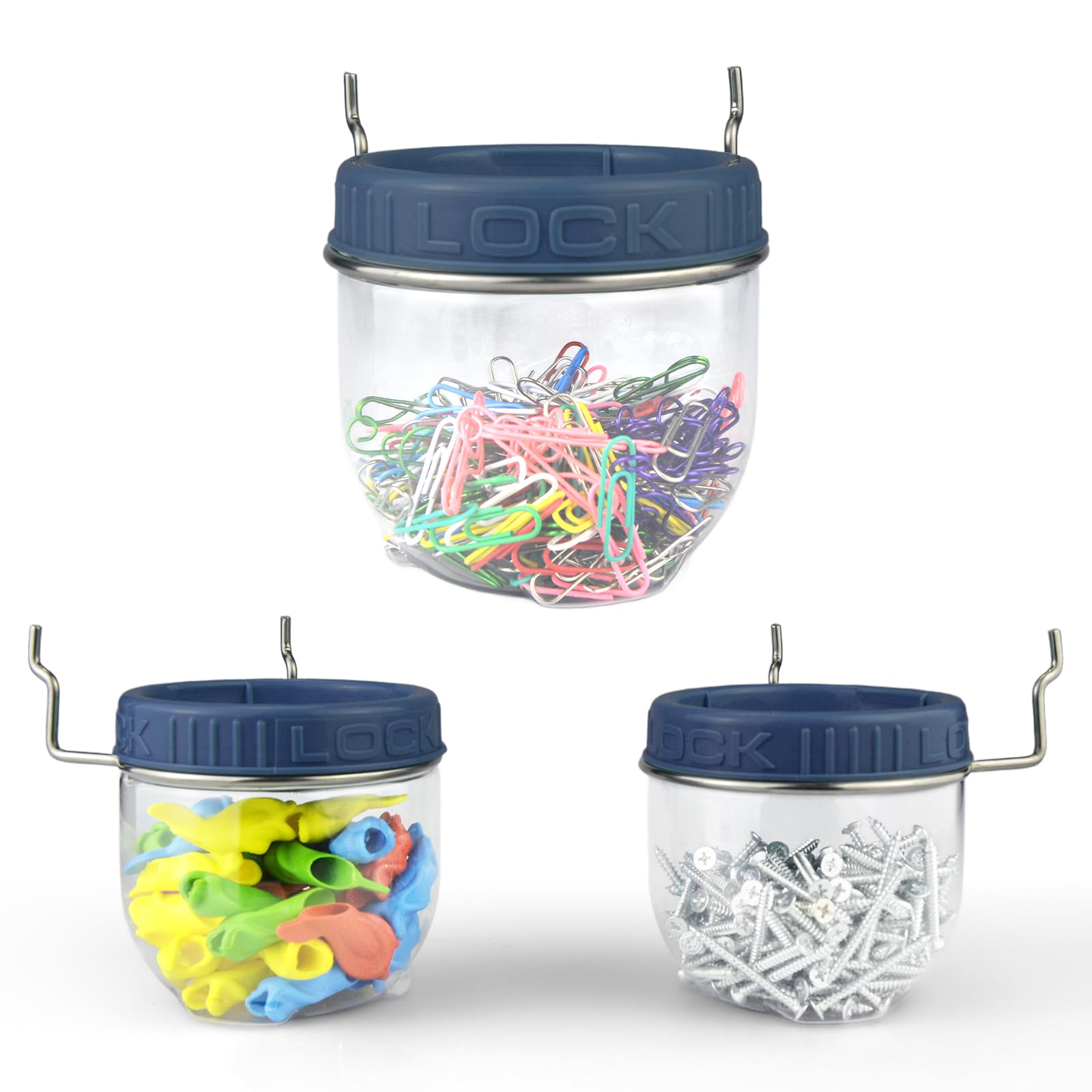 G.COREPeg Board Organizer Clear Jars - 3 Pack Large Pegboard Accessories with Steel Hangers Fit 1/8 1/4 Holes - Pegboard Wall Containers for Garage Sewing Art Craft Room Office Organization (Blue)