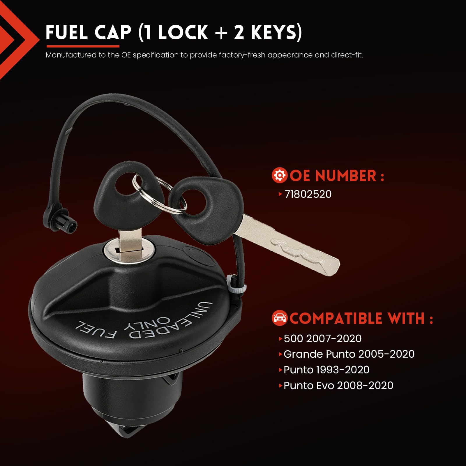 Tappo Serbatoio Carburante con Serratura con 2 Chiavi OE 71802520 per Panda 169 Grande Punto Punto EVO 500 MITO