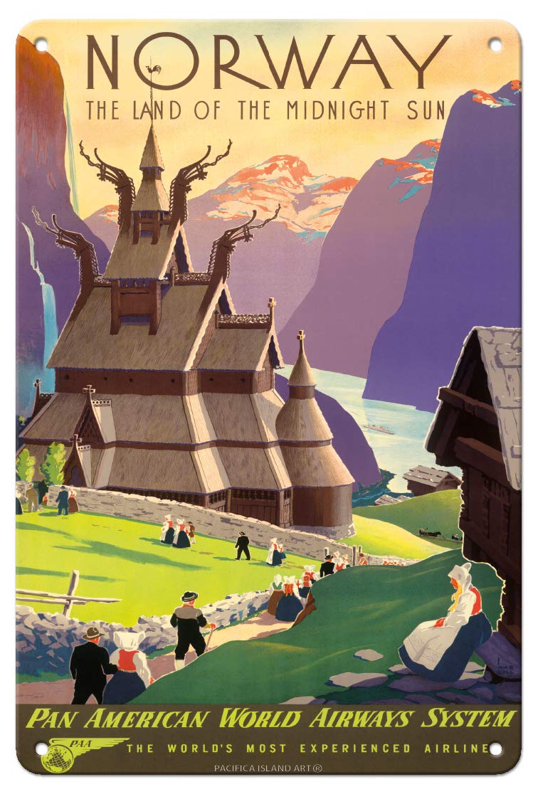 Norway, The Land of The Midnight Sun - Stave Church - Pan American World Airways System - Vintage Airline Travel Poster by Ivar Gull c.1939-8in x 12in Vintage Metal Tin Sign