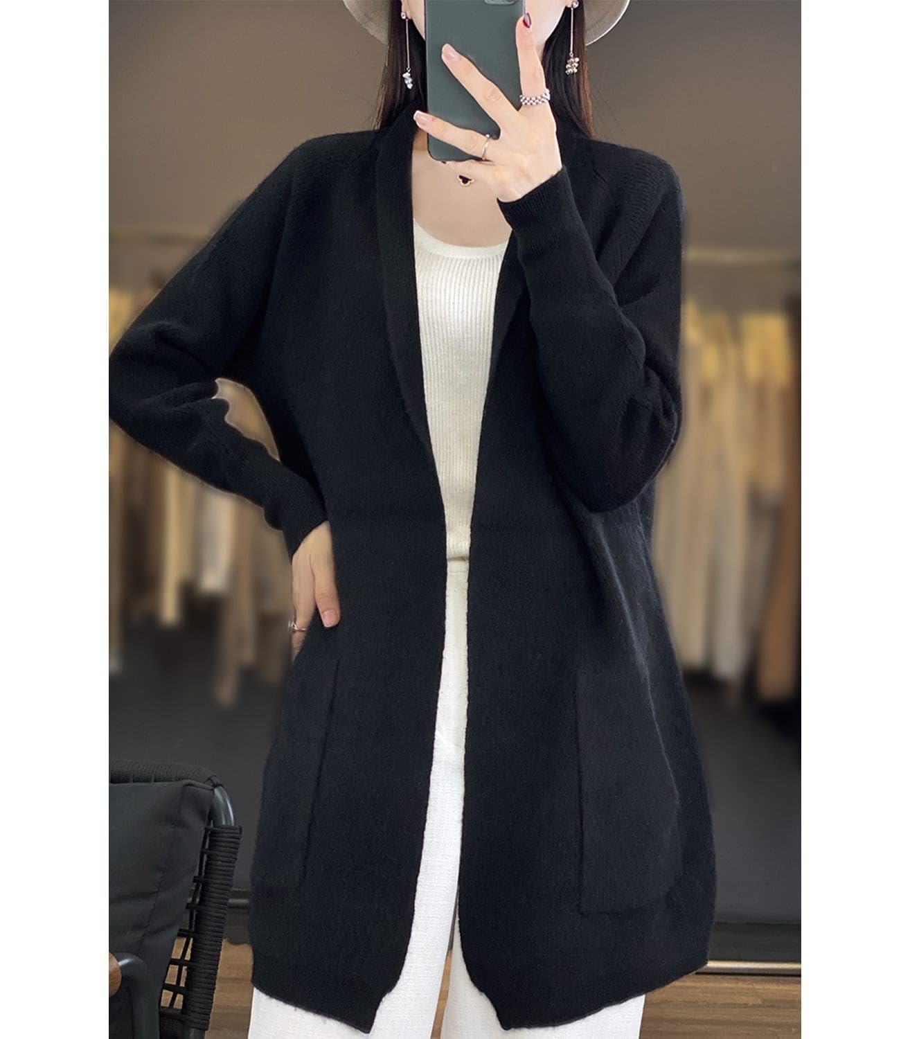 100% Merinowolle Strickpullover Strickjacken Damen Dicker Mantel mit Taschen Jacke Herbst Winter