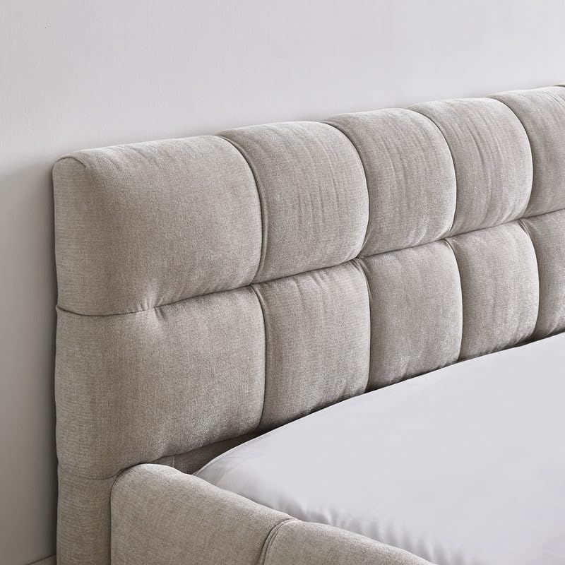Upholstered Queen Bed with Headboard, Modern Soft Chenille Queen Size Platform Bed Frame with Wood Slat, No Box Spring Needed, Easy Assembly, Beige