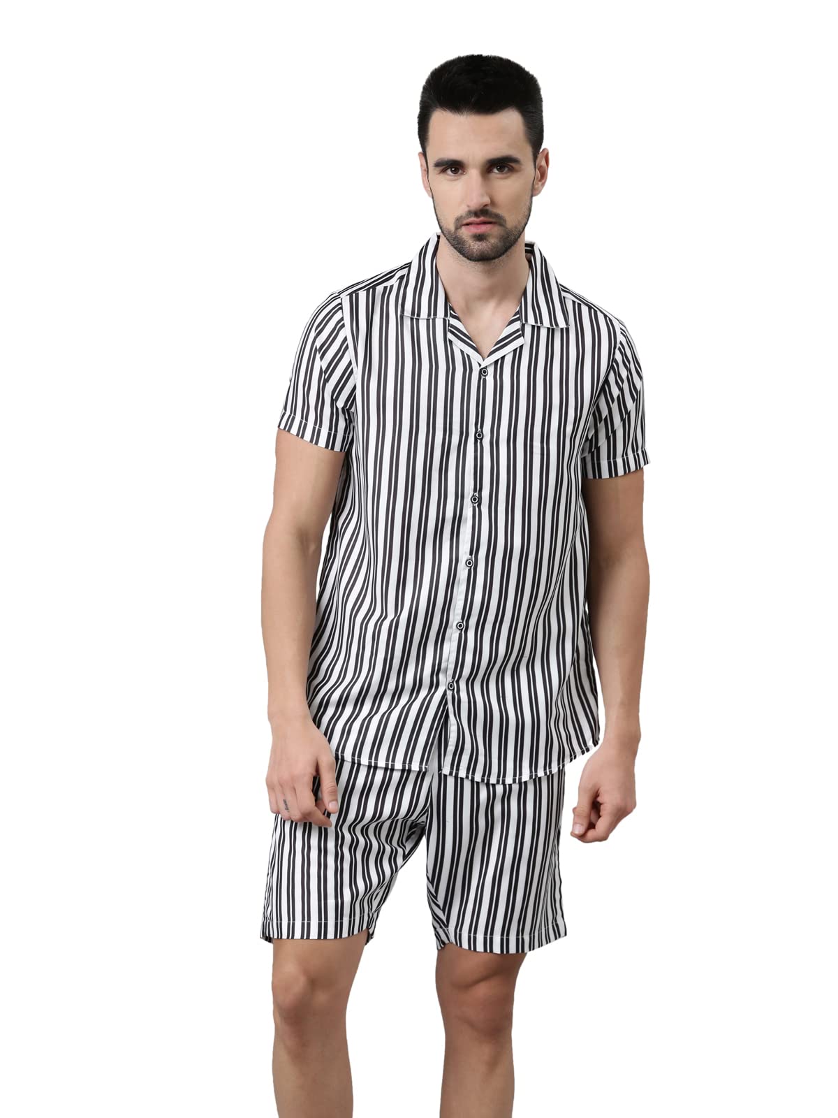 bushirt Men's Regular Spruce Black Printed Pajama Set, Short Sleeves Button Front Night Suit, Relaxed Fit Co-Ords with Chinese Collar & Elastic Waist Pajamas, Stylish & Comfortable Sleepwear - S-picture-32