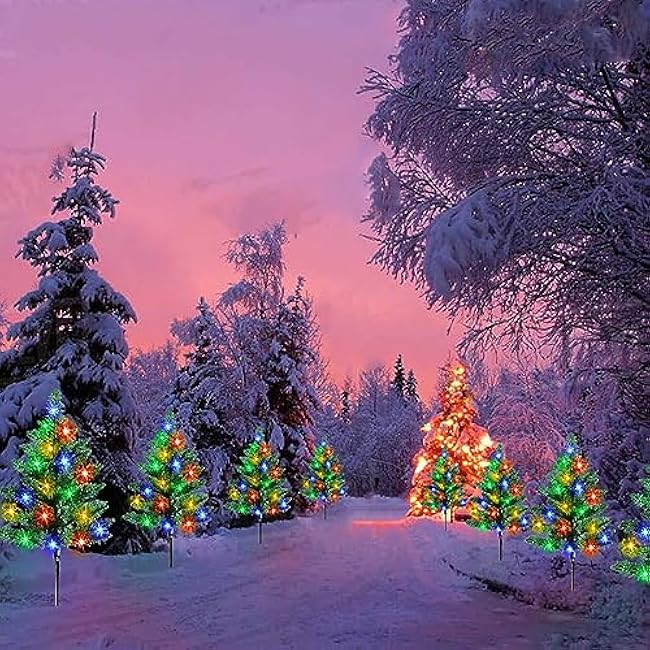 Homeleo 6-Pack Solar Small Christmas Trees for Outdoor Decorations, 120 LED Artificial Prelit Christmas Tree, Solar Powered Mini Xmas Tree with Lights for Outside Pathway Porch Yard Christmas Decor