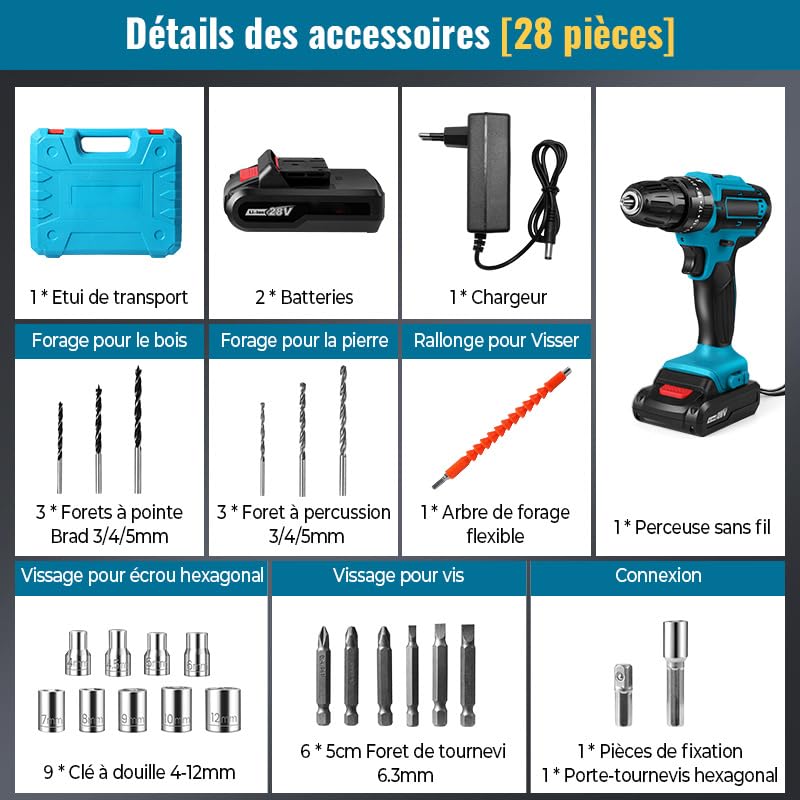 Taladro a Bateria 21V, Destornillador eléctrico con 32 Nm, 25+3 ajustes de par de apriete,Taladro Atornillador Bateria, LED Luz, 3 Velocidad, Atornillador Para Hogar, Bricolaje (A)