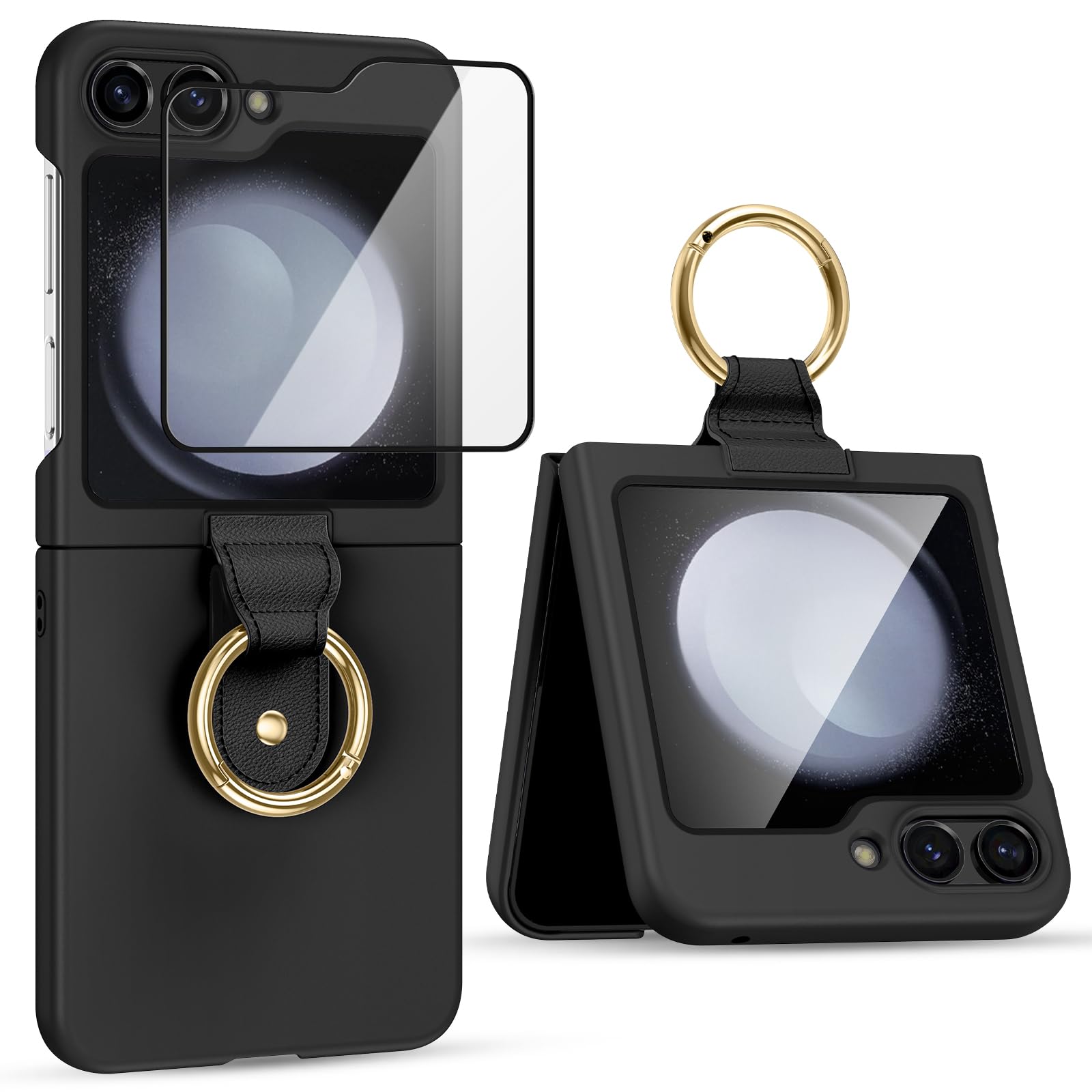 Photo 1 of VEGO Galaxy Z Flip 5 Case with Ring Holder, Z Flip 5 Case with 9H Glass All-Inclusive Camera Lens Protector and Metal Ring Holder, Matte PC Slim Protective Case for Samsung Galaxy Z Flip 5 - Black Black Z Flip 5