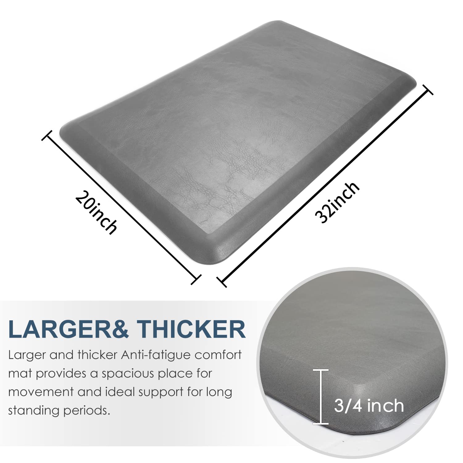Alfombrilla extra gruesa antifatiga, acolchada 3/4, para cocina, alivia la presión, impermeable, antideslizante, cómoda para el hogar, oficina, garaje, lavandería, almohadillas de espuma (gris)