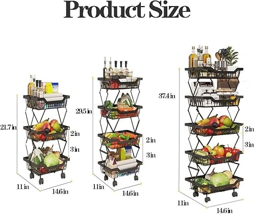 Miniatura 7 de Cesta plegable de almacenamiento de frutas y verduras para cocina, cestas de almacenamiento de alambre de metal con ruedas, carrito utilitario