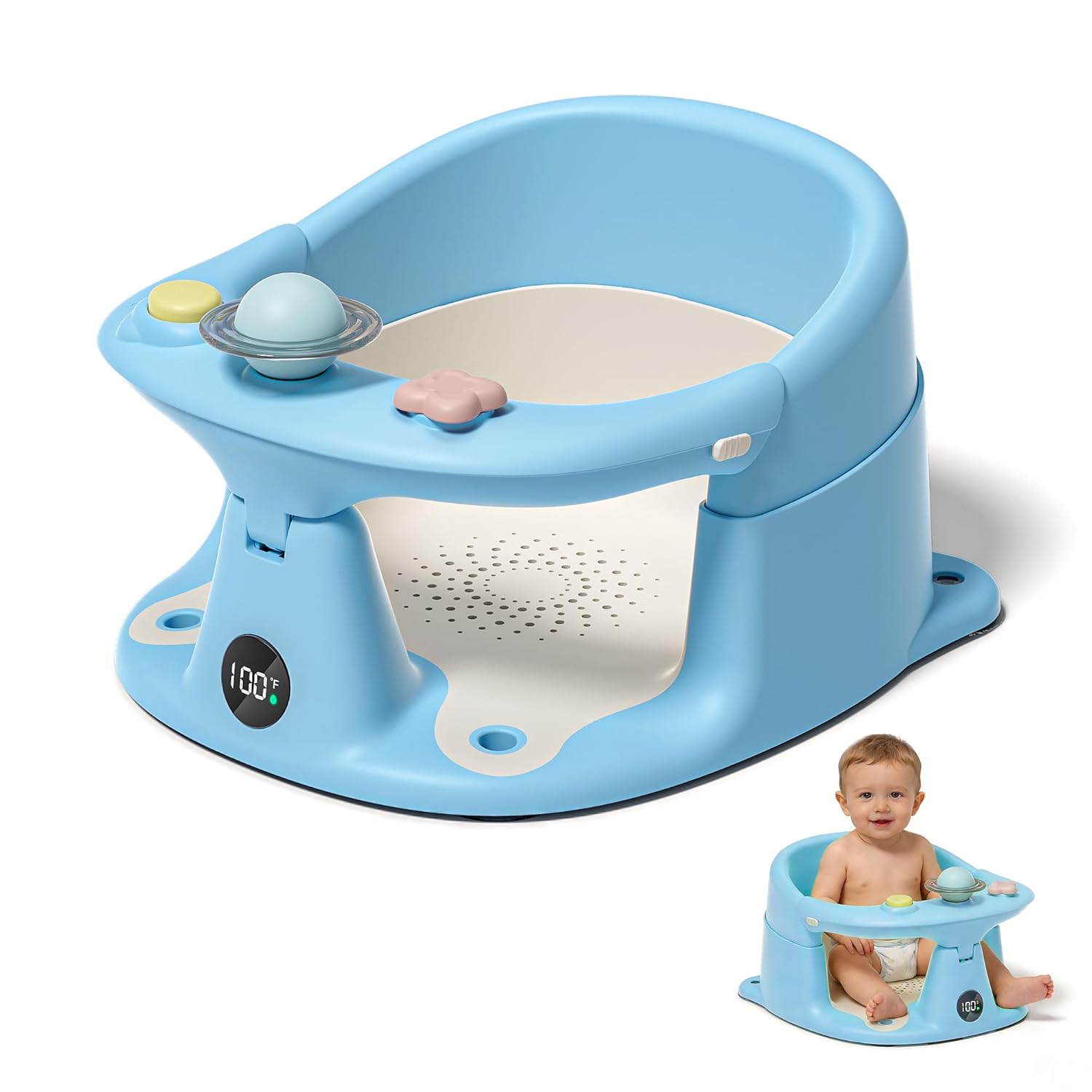 Baby Bath Seat for Babies 6 Months & up with Thermometer, Non-Slip Toddler Bath Seats for Sitting Up, Safe Infant & Newborn Bathtub Chair with 4 Suction Cups, Soft Cushion & Temperature Display, Blue