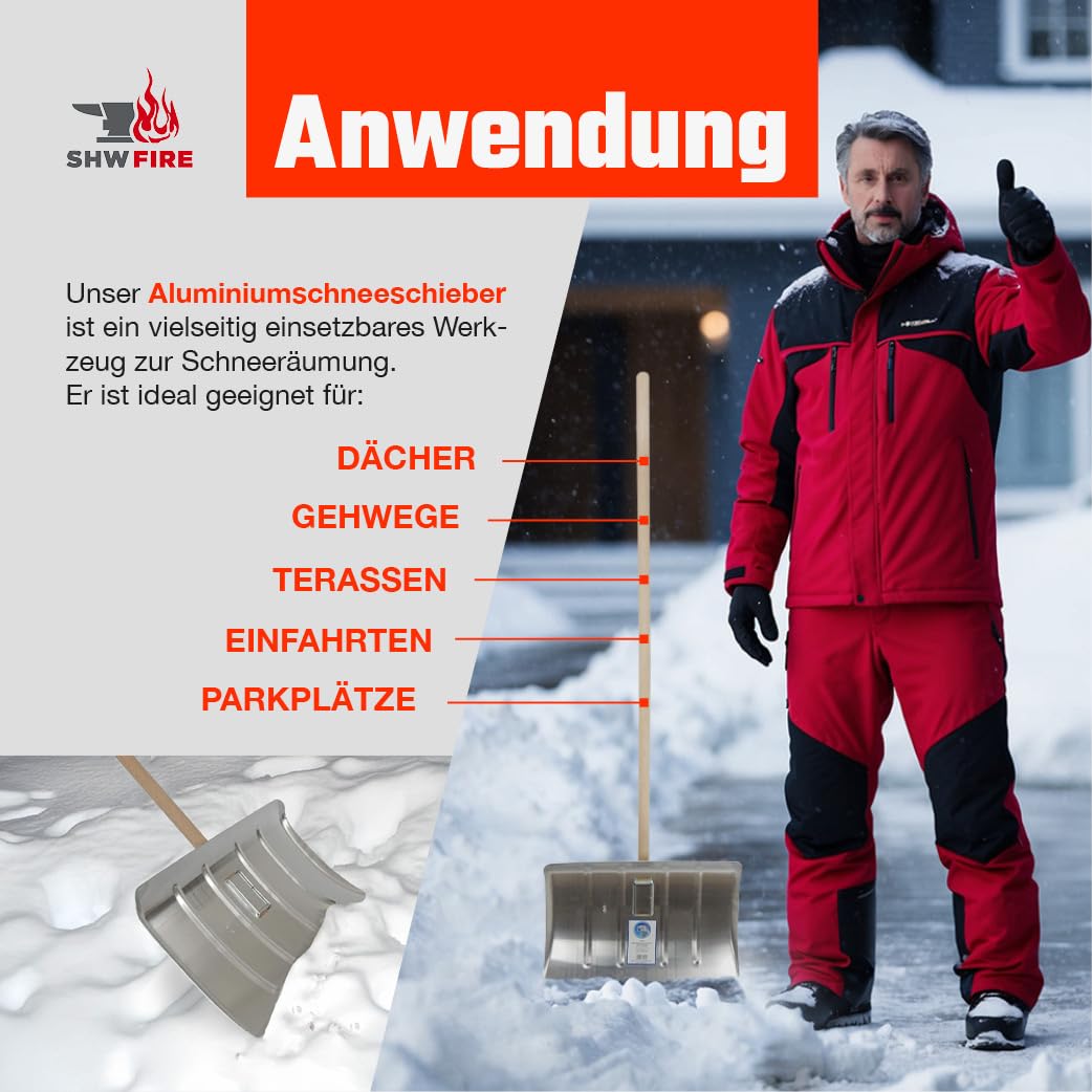 SHW-FIRE | Angara Schneeschieber Aluminium 35x50 cm mit Klemmfix Schnellbefestigung und robustem Holzstiel, ideal für effiziente Schneeräumung | Made in Germany
