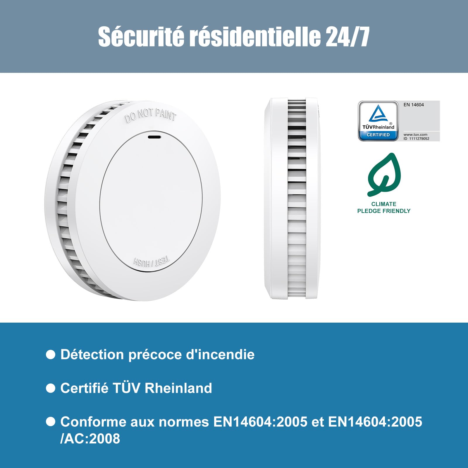 Détecteur de fumée avec Pile de 10 Ans, Support magnétique, sans perçage, certifié TÜV Rheinland, Alarme Incendie sans LED Clignotante, Fonction silencieuse, Petit détecteur de fumée, EN14604,10unità