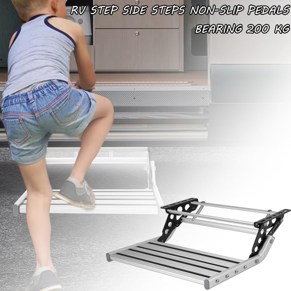 HEYOUTH Escalón Plegable para Autocaravanas – Plataforma de Aluminio Antideslizante, Plegado Manual, Soporta 200 kg, Iluminación LED 12V y Refuerzo de Resorte (Instalación con Tornillos)