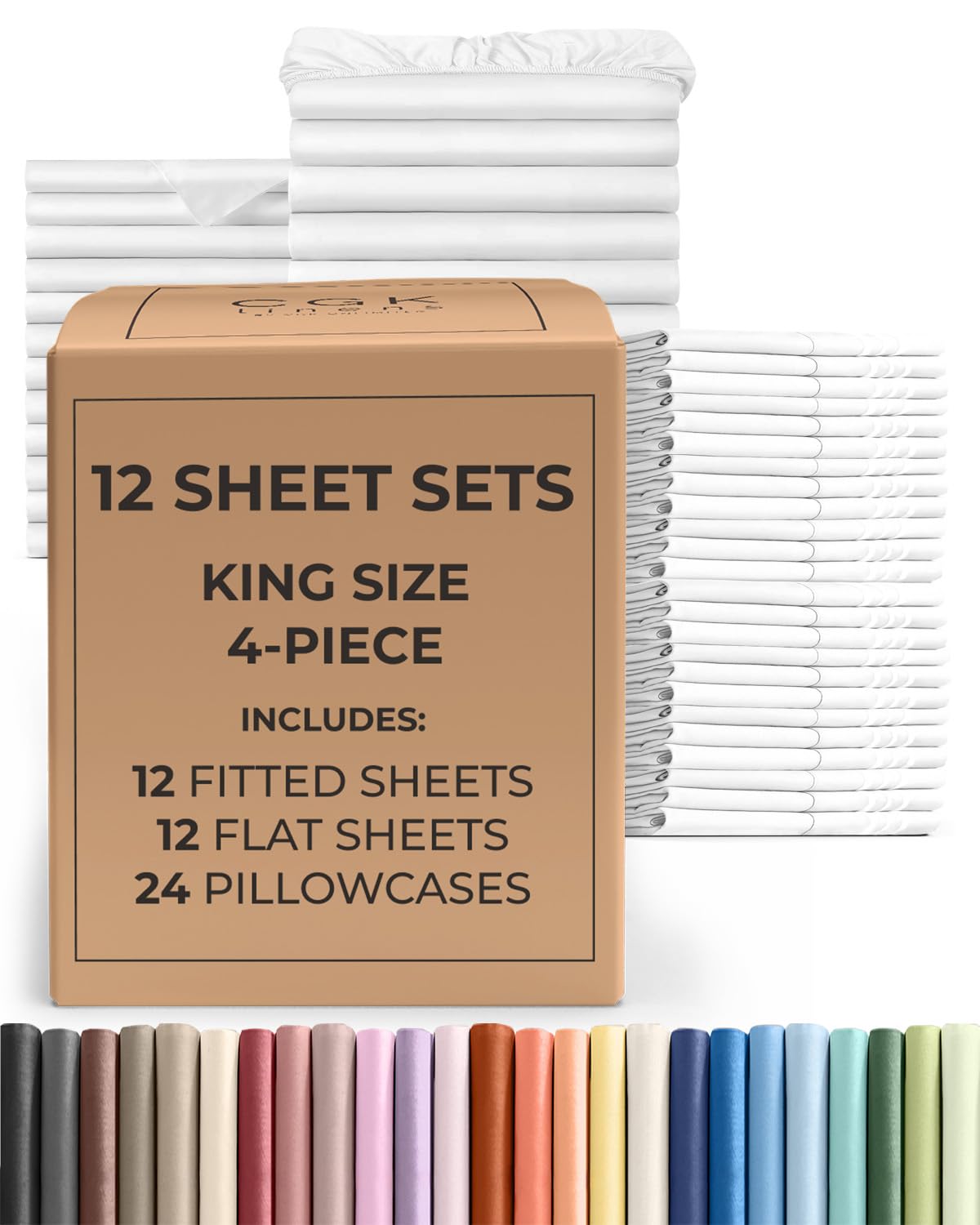 bulk case pack of 12 sheet sets - (12) complete king size sheet sets with deep pockets - wholesale bulk bedding for hotels, spas & airbnbs - breathable, cooling, soft & wrinkle free - (king, white)
