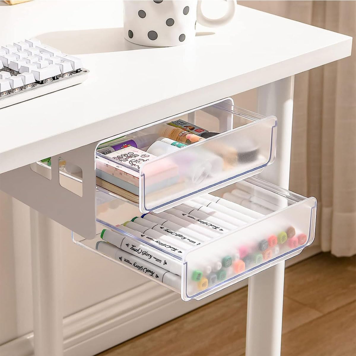 Under Desk Drawer Organizer Storage,Self-Adhesive Hidden Under Table Drawer,Large Capacity Invisible Desktop Drawer Tray for School Students Office Stationery Supply