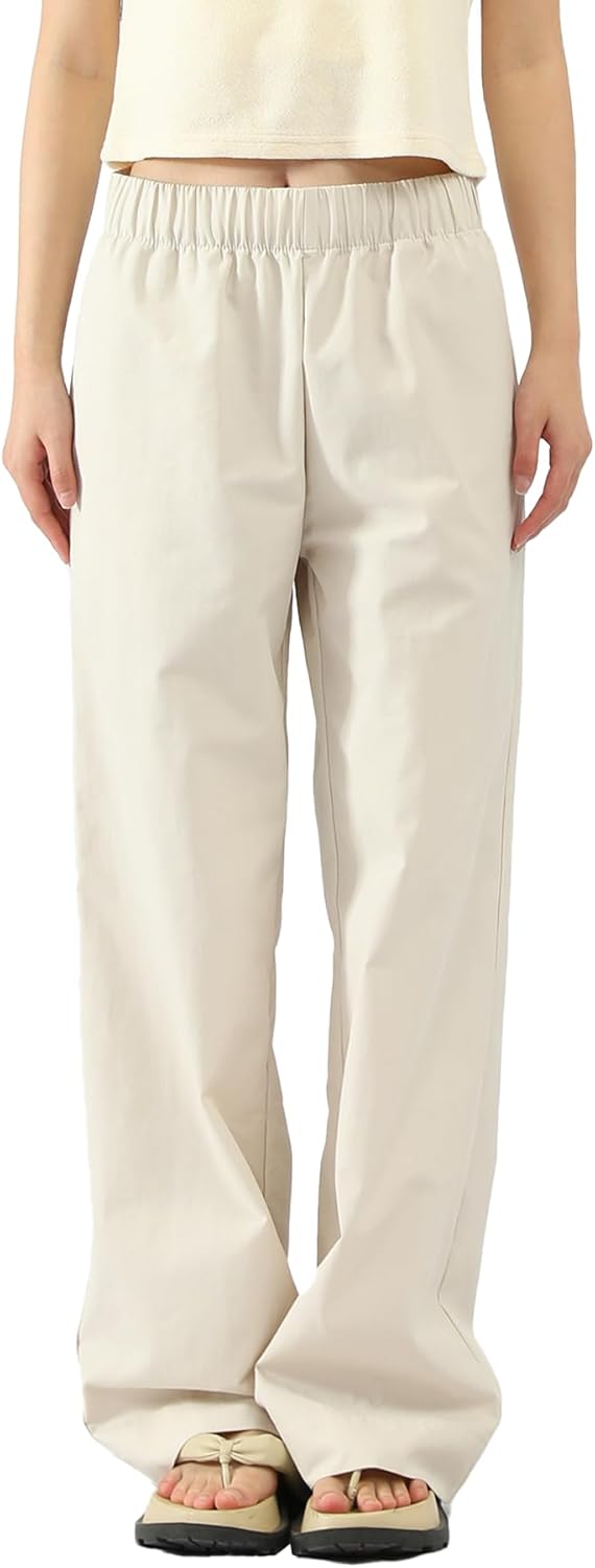 100% Cotton Wide Leg Pants Woman Work Casual Pants for Women Poplin High Waisted Relaxed with Elastic Waist and Pockets