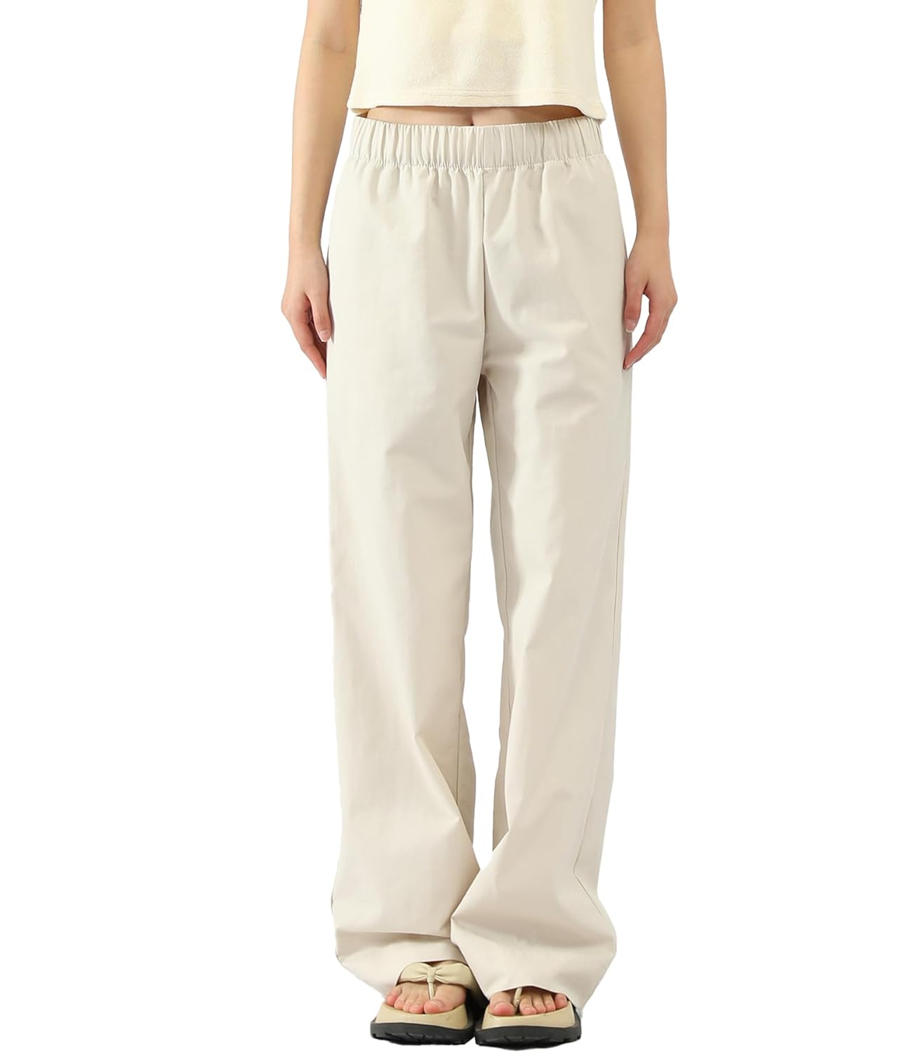 100 Cotton Wide Leg Pants Woman Work Casual Pants for Women Poplin High Waisted Relaxed with Elastic Waist