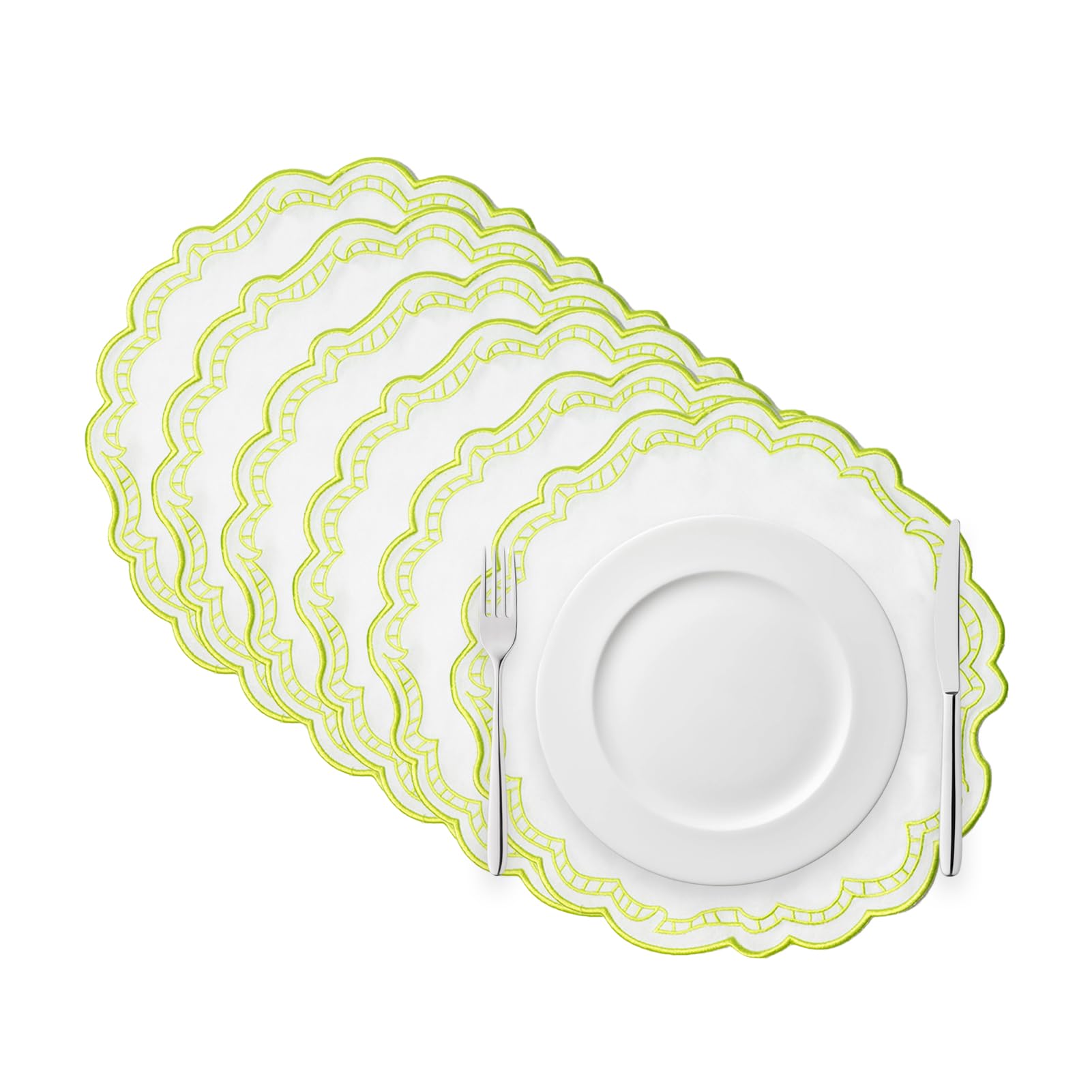 Tovagliette in Pelle Set di 6 Lavabili Rotondo Bifacciale Set Tovagliette in Tessuto per Tavolo da Cucina40 x 40 cm, Bianco/Verde