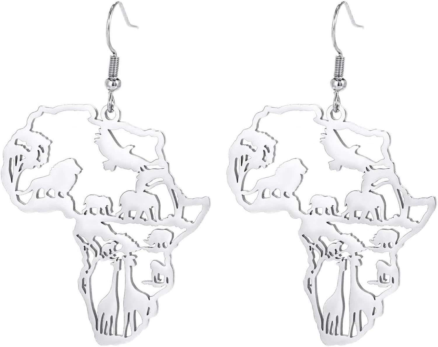 GYFGRTQ African Map Animal Pendant Necklace for Men Women Elephants Lions Giraffes Zoo Wildlife Jewelry, Silver Earrings