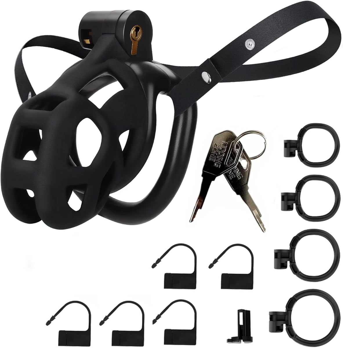 Male Chastity Cage with Elastic Belt & Invisible Lock - 4 Ball Ring Sizes, Ultralight Large Penis Cage for Comfort Fit Long Term Wear(S-70mm) [Black] - BDSM Gear, Bondage Sex Toys Accessories for Men