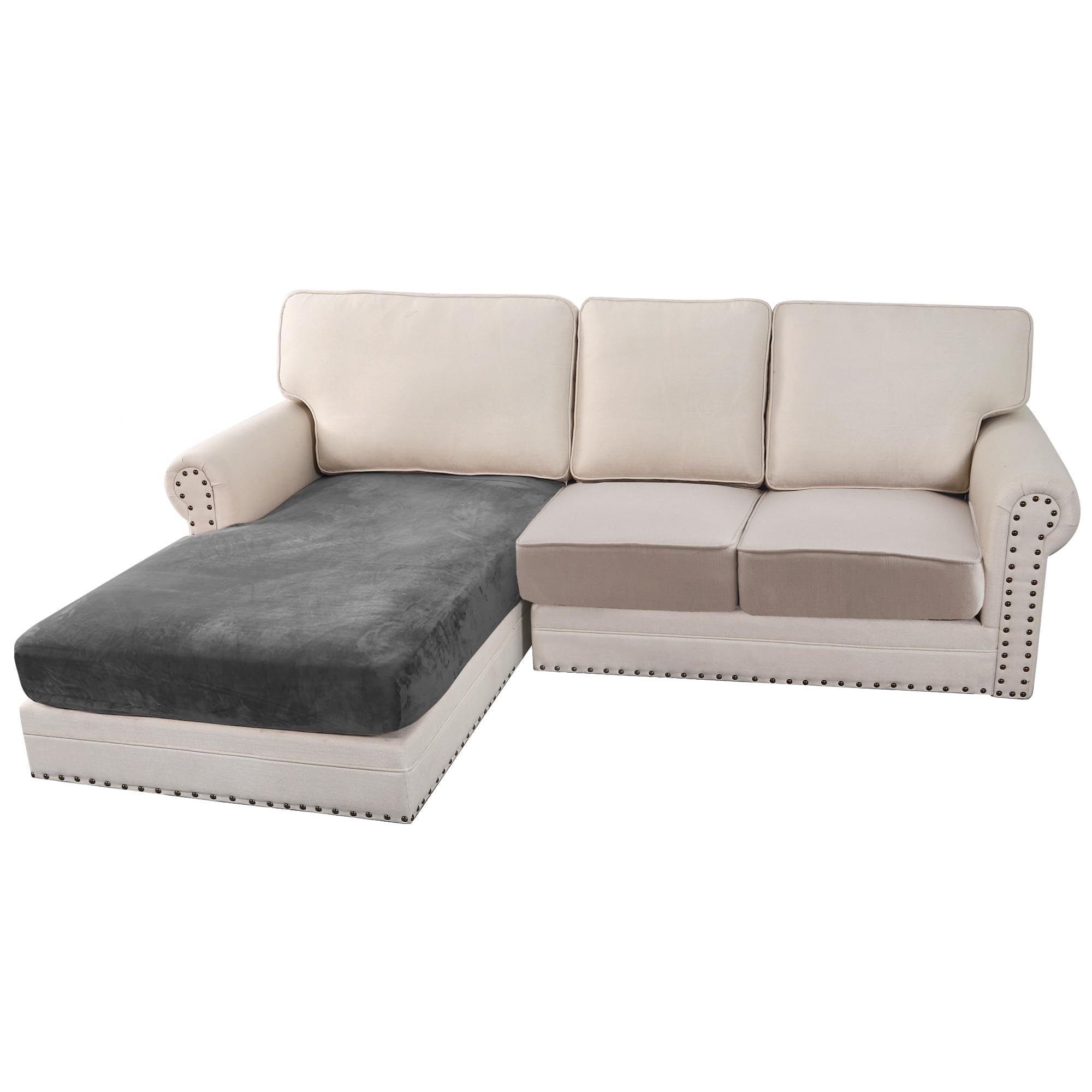 BellaHills Velvet Stretch Sofa Seat Cushion Covers Chaise Cover Furniture Protector for Chaise Sofa with Elastic Bottom (Chaise, Grey)