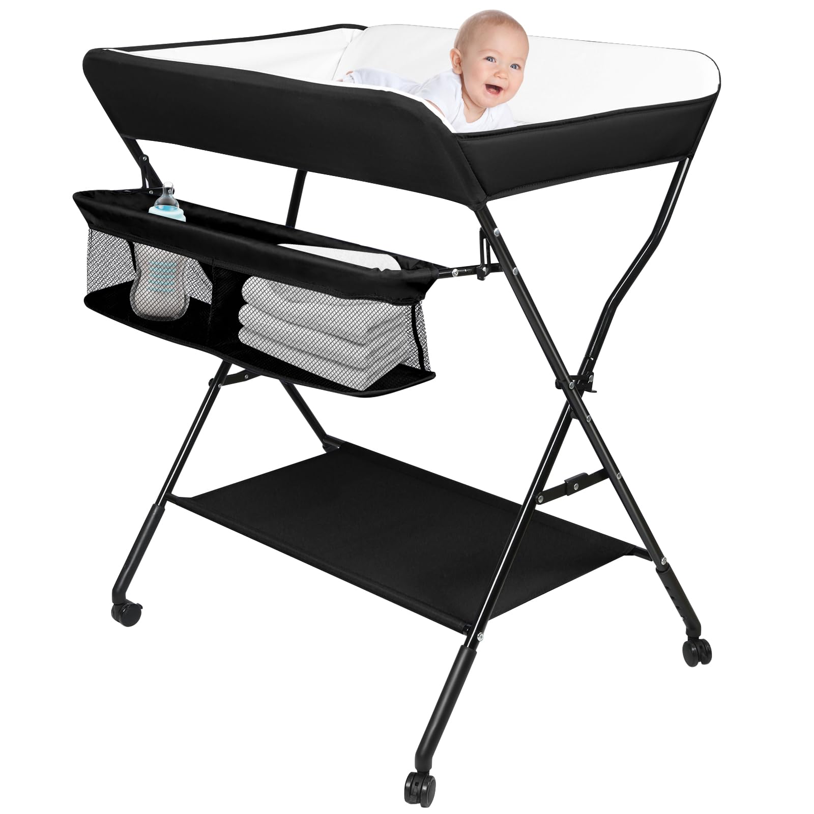 OHMG Baby Wickelkombi Klappbare Wickelkommode,Wickeltisch mit Rollen,Mobiler Wickeltisch mit Wickelauflage,Sicherheitsgurt und Ablagefächern,Wasserdicht und Höhenverstellbar,Stabil