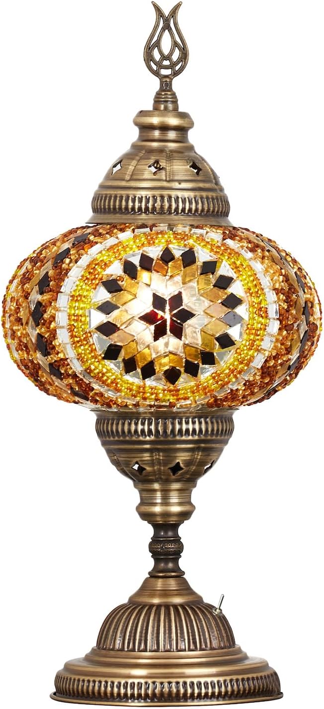 DEMMEX Battery-Operated Turkish Moroccan Mosaic Table Lamp – 12”H, 5”W, Portable Stained Glass Lantern for Indoor & Outdoor Use, Cordless Handmade Decorative Light for Bedroom, Patio & Camping, Amber