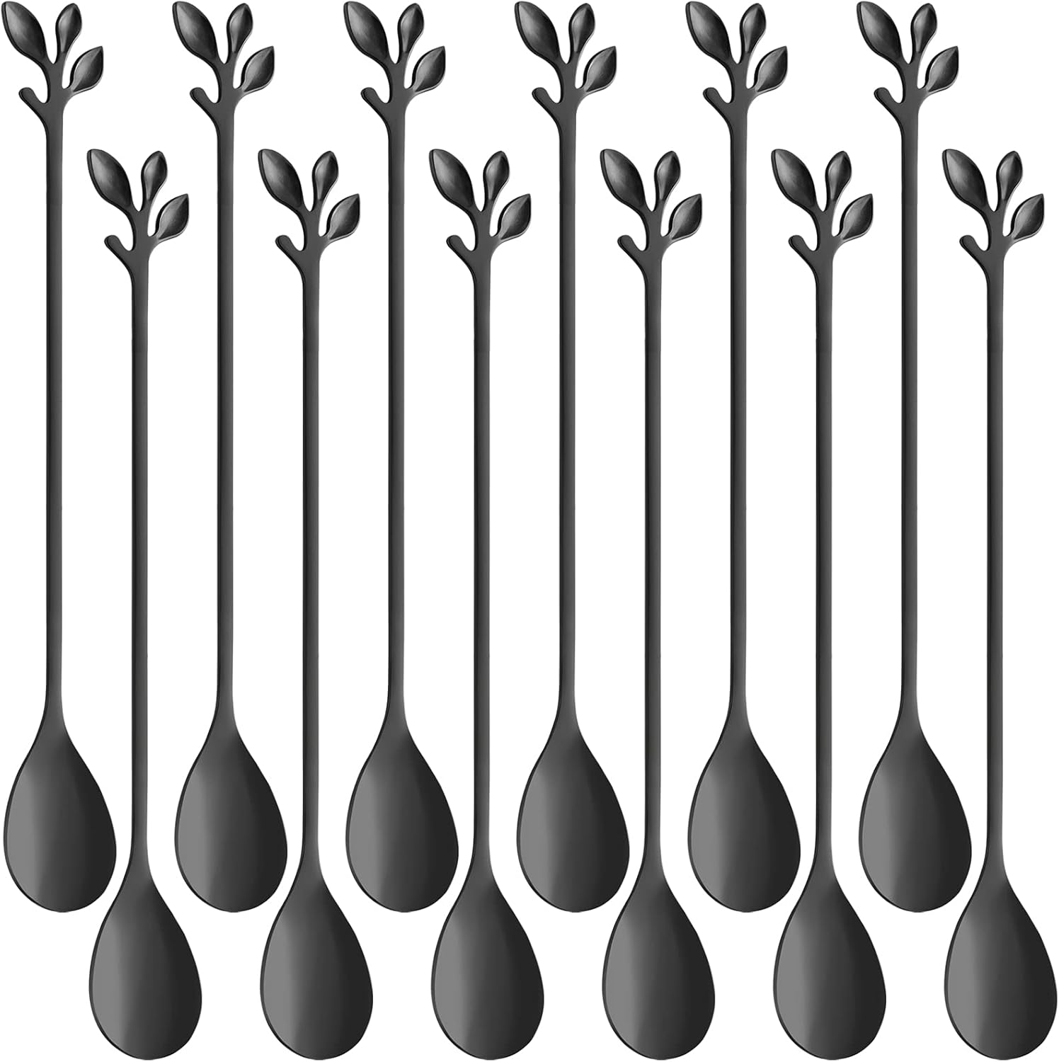 AnSaw Leaf Handle Long Teaspoons, 7.4" Black Coffee & Tea Stirring Spoons, Stainless Steel Coffee Stir Spoon Set of 12