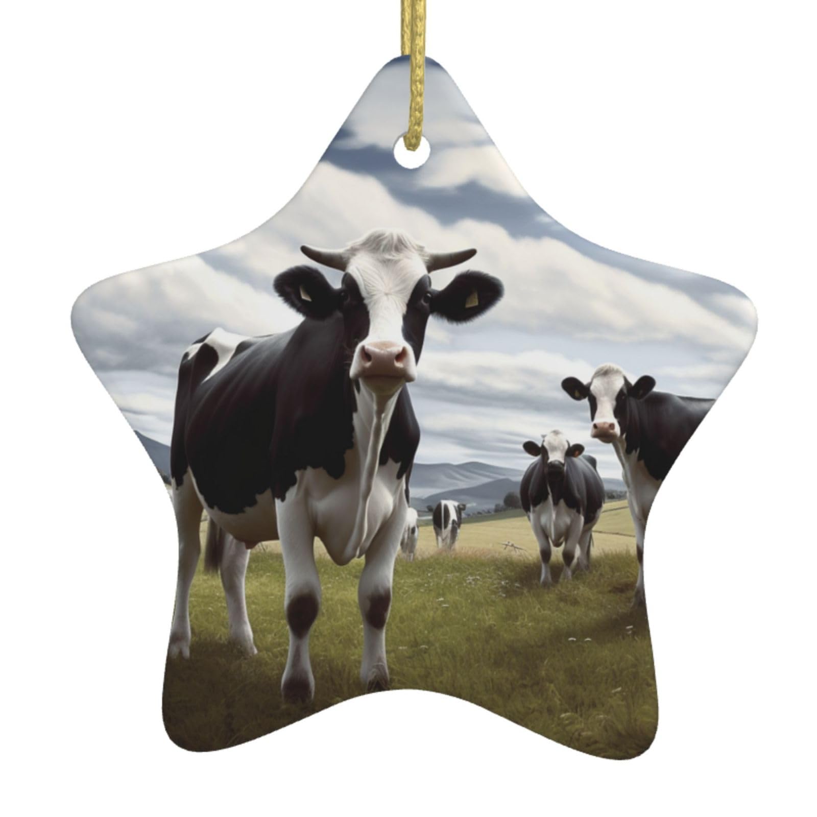 Ceramic Christmas Tree Hanging Ornaments with Gold Ropes Christmas Tree Decorations Star Ceramic Farm Cow Pictures Pendant Keepsake Decorations for Holiday Xmas Gift Ideas
