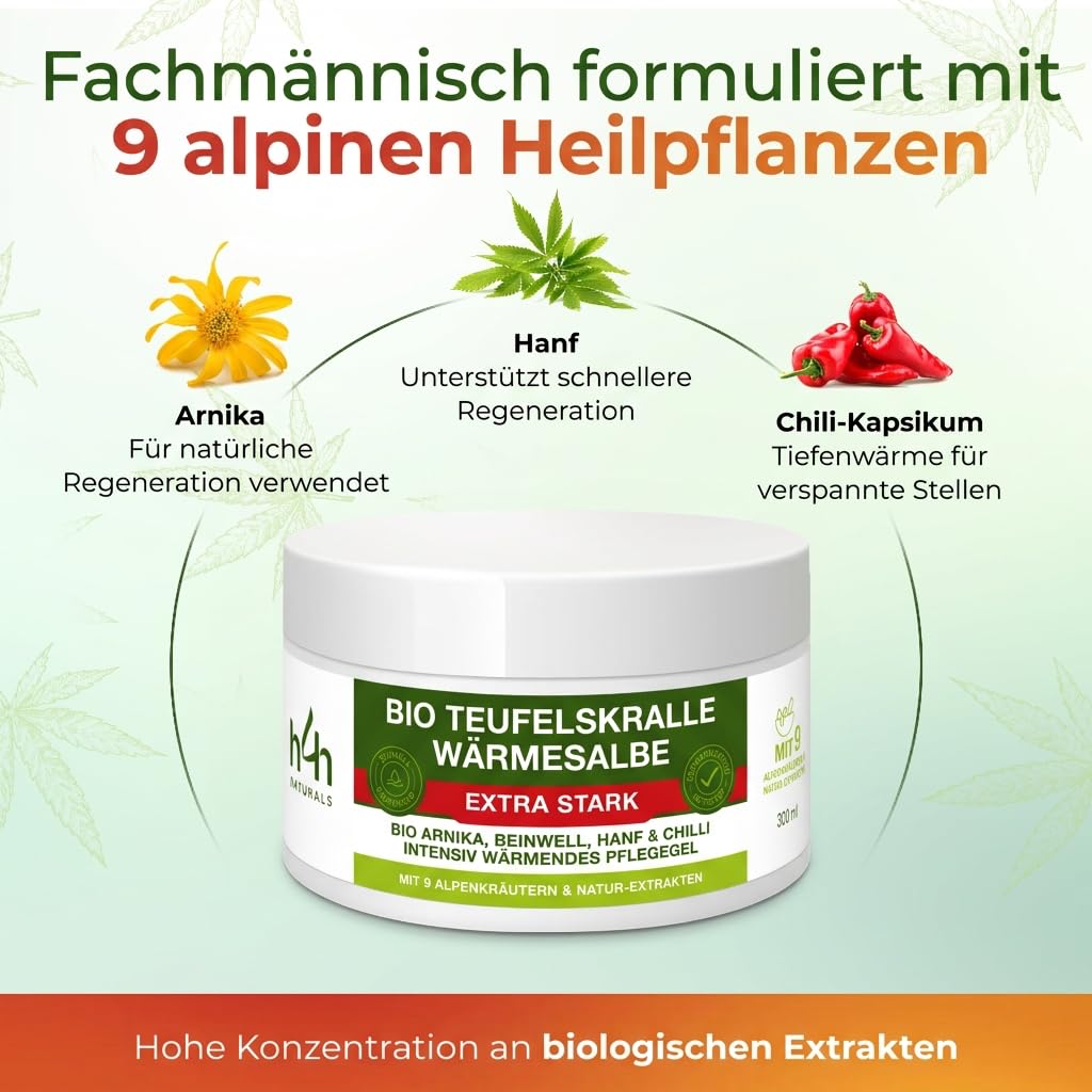 Bio Teufelskralle Wärmesalbe Extra Stark – Wohltuende Wärme für Rücken, Nacken, Knie & Schultern – Mit Hanf, Arnika, Capsaicin & 7 Pflanzenextrakten – 200ml Vegan & Tierversuchsfrei