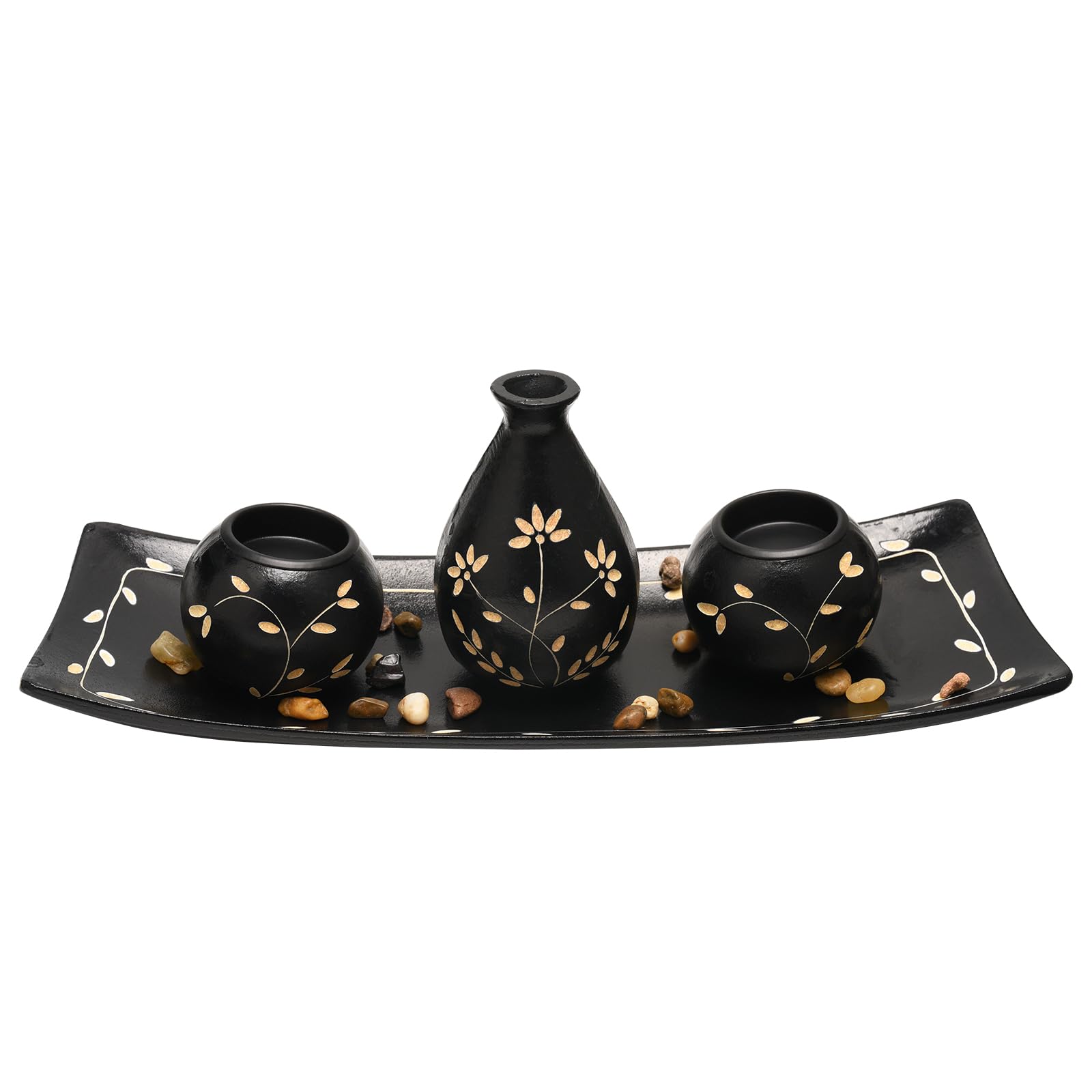 Juego de 4 portavelas de Madera Color Negro con Bandeja y Piedras diseño de Flores 33,5 x 12 cm decoración de Mesa portavelas de Madera con Bandeja Juego de 4 Piezas