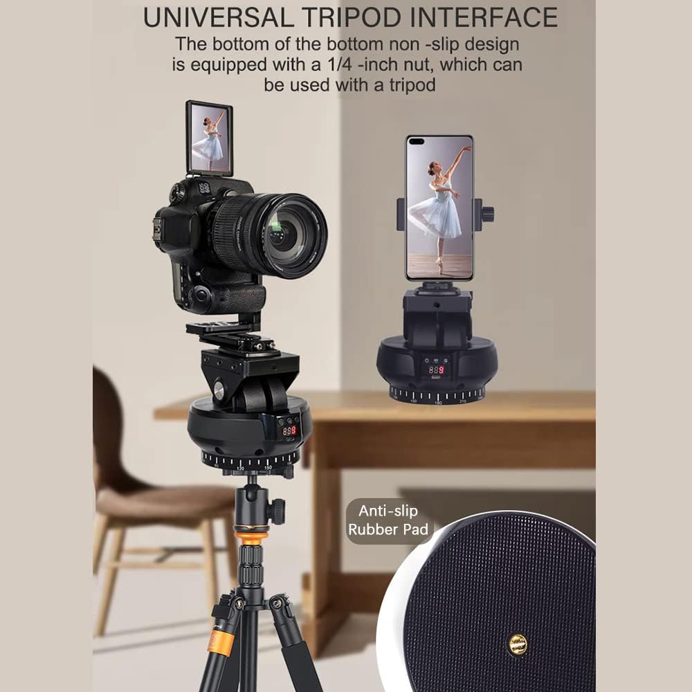 YT1200 Pan Tilt Head mounted on a tripod with a DSLR camera and a smartphone, showing the universal 1/4-inch screw interface.