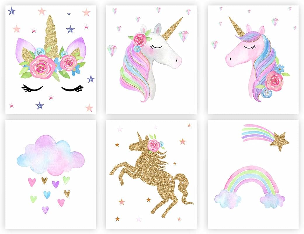 Barri Design Unicorn Posters Rainbow Unicorn Art Print Canvas Girls Kids Bedroom Nursery Decor Glitter Unicorn Wall Decor (UNFRAMED)