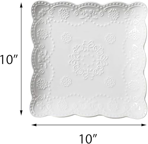 Miniatura 3 de Jusalpha Juego de 4 platos cuadrados de cerámica de encaje en relieve, platos de pastaensaladapostre, lavavajillas, microondas, juego de vajilla