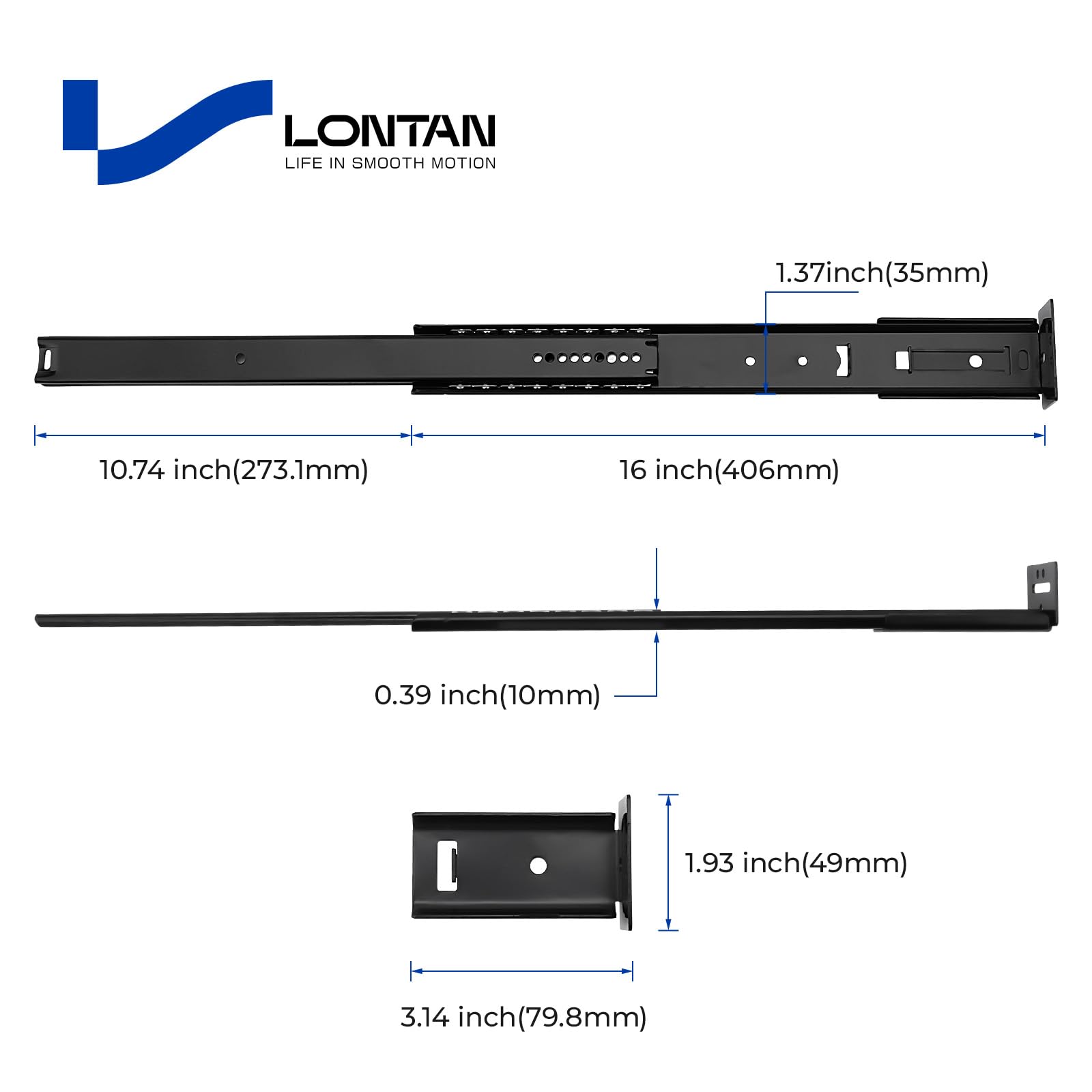 LONTAN 5 Pcs Black Center Mount Drawer Slides 16 Inch - Bottom Centered Drawer Mount 3/4 Extension Heavy Duty Drawer Glides for Cabinets, Dressers, and Furniture – Smooth and Quiet Operation