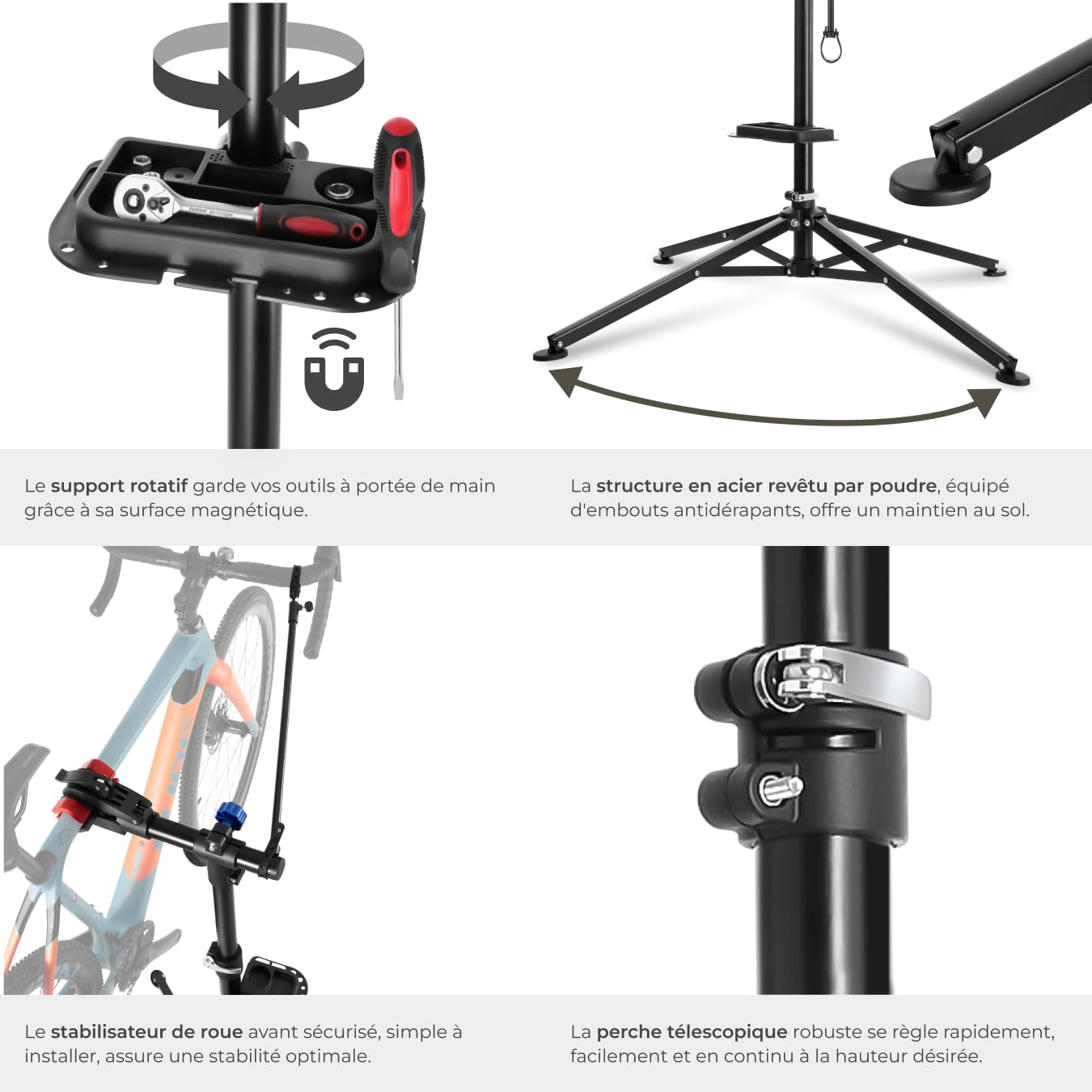 tectake® Support Velo Pieds d'atelier Support Vélo, Montage Entretien Reparation VTT Vélo electrique Velo de course, Charge max. 25kg Réglable Pliable - 85 cm x 85 cm x 200 cm