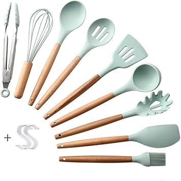 Silicone Kitchen Tool Set, 9 Piece Silicone Kitchen Cookware Set Premium Natural Wood Handle Non-Stick Silicone Heat Resistant Cookware