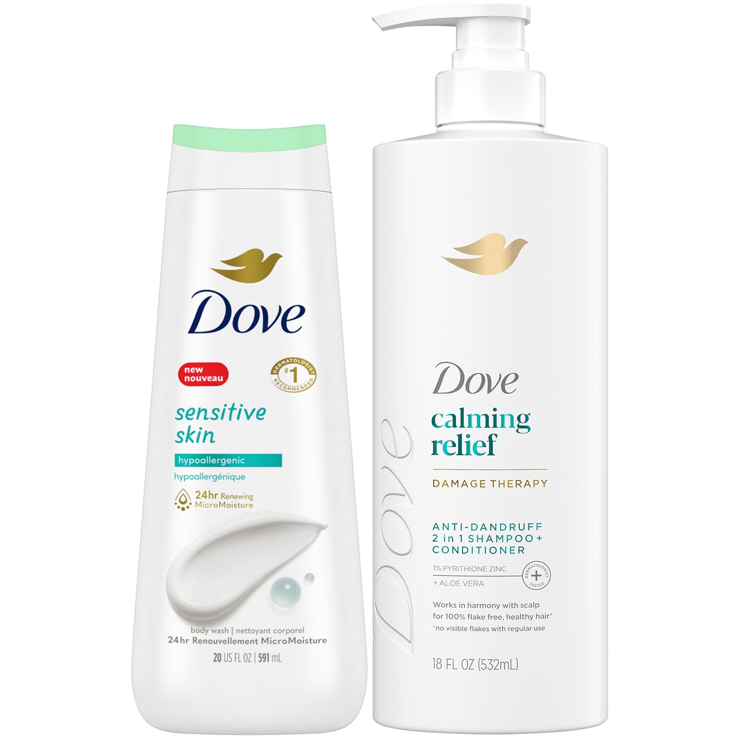 Dove Dandruff Shampoo & Conditioner 2-in-1, DermaCare Calming Relief with Pyrithione Zinc + Body Wash for Sensitive Skin – Best to Prevent Itchy Scalp and Dry Skin (2 Piece Set)