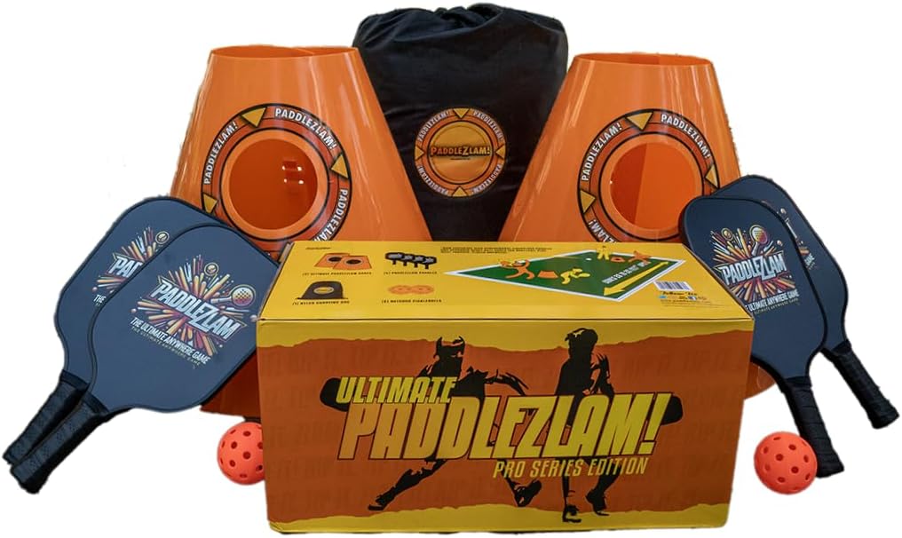 Ultimate Pro Series for Beach Backyard Gymnasium or Camping - 2 Large Gaming Cones - 4 Fiber Paddles - 2 Outdoor Pickle Balls with 1 Carry Bag and Scoring Stickers