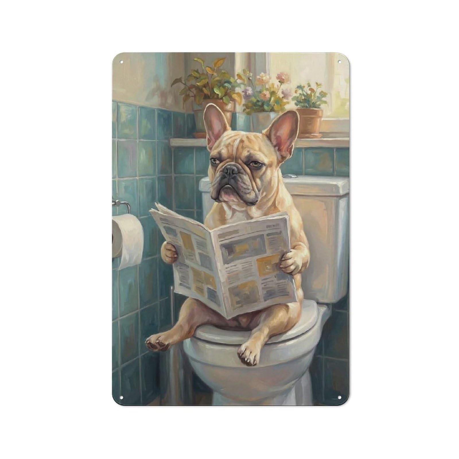 Junmoney Style-8 Distressed Look Bulldog Reading Newspaper On Toilet Decorative Tin Sign 30X20cm, Retro Room Decor For Lounge, Study, Pub Or Wall Gallery